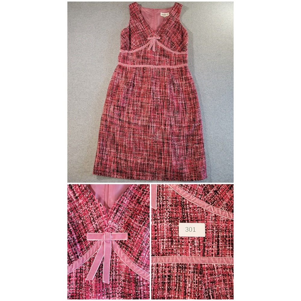 Studio I Pink Black Tweed V-Neck Sleeveless Sheath Dress Velvet Bow Trim Sz 10